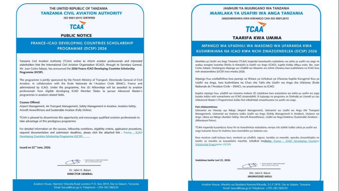 PUBLIC NOTICE: FRANCE–ICAO DEVELOPING COUNTRIES SCHOLARSHIP PROGRAMME (DCSP) 2026