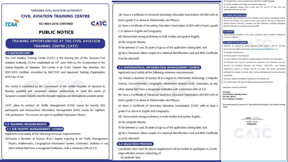 TRAINING OPPORTUNITIES AT THE CIVIL AVIATION TRAINING CENTRE (CATC)